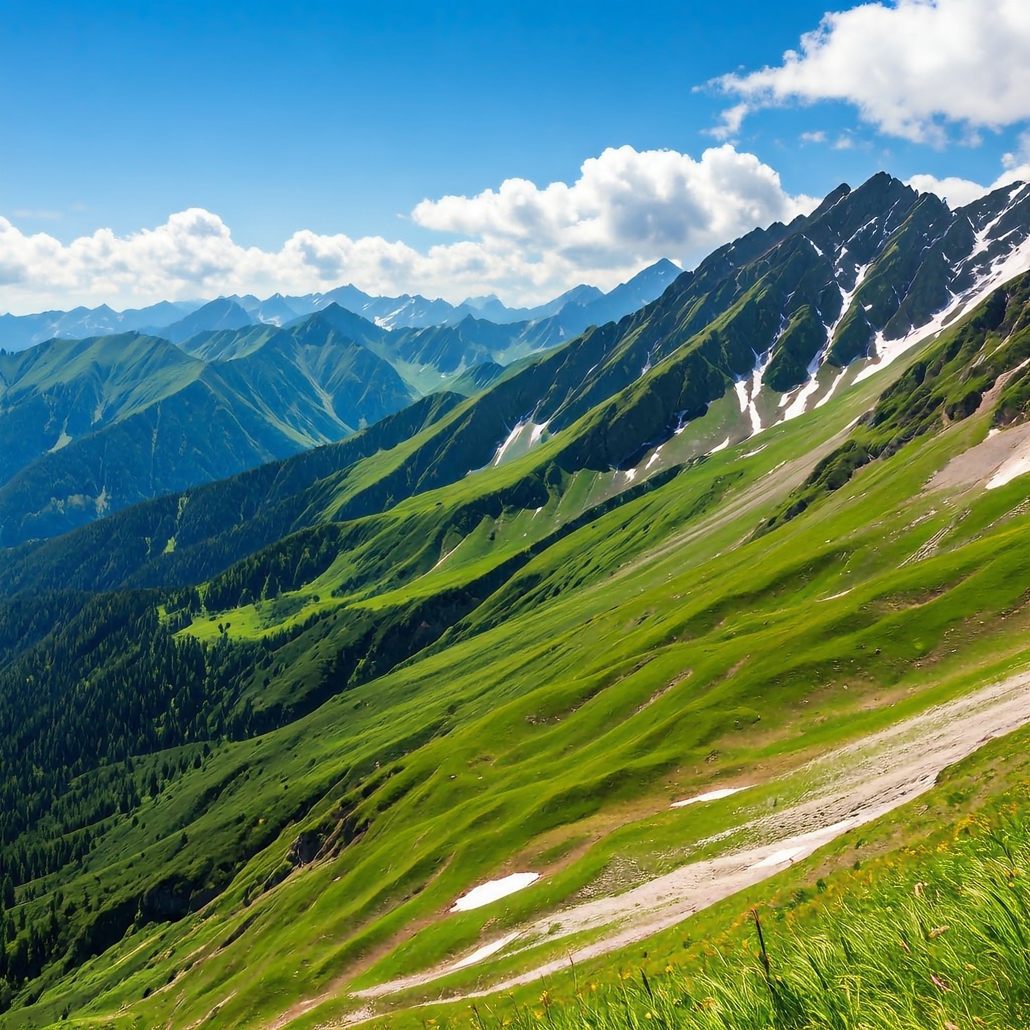 lime green mountains with snowy tops